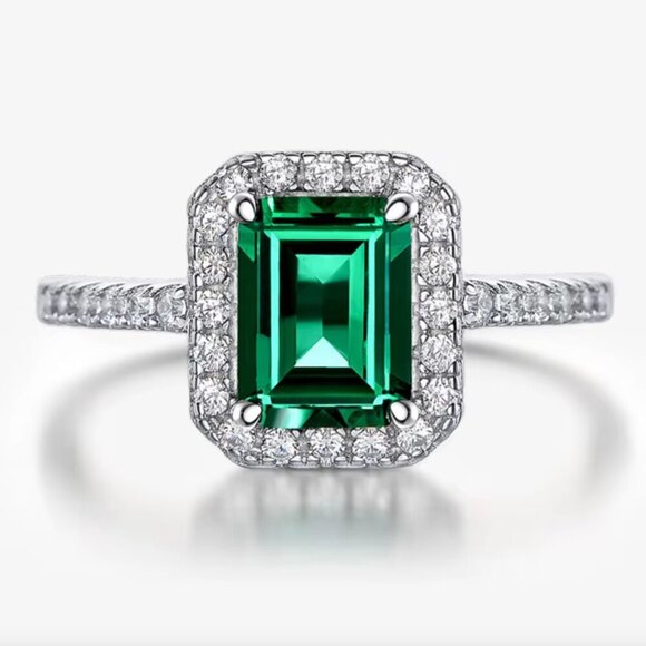 18k White Gold Emerald Green Diamond Ring Rectangle Emerald Cut Ring - Picture 4 of 5